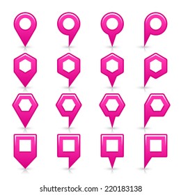 Pink color map pin icon satin location sign with empty copy space, gray shadow and reflection isolated on white background. Web design element save in vector illustration 8 eps