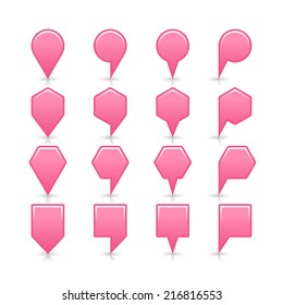 Pink color map pin sign satin location icon with gray shadow and reflection isolated on white background. Web design element save in vector illustration 8 eps