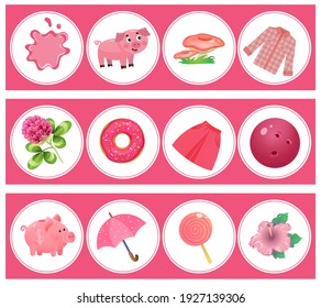 Pink color. Matching game, education game for children. Puzzle for kids. Match by color. Worksheet for preschoolers.