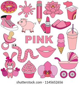 Pink color objects elements set, collection of coloring book template, the group of outline digital elements vector illustration, kid educational game page.