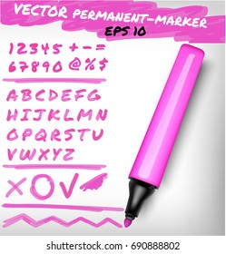Pink color open permanent marker pen, handwritten digits set, numerals, figure and alphabet check sign, plus, line.Vector felt-pen illustration 

