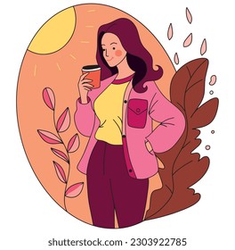 pink color palette, Girl drinking coffee to go outdoors woman enjoying cappuccino in glass mug, young woman holding cafe cup, walk, nice weather, autumn, flat vector