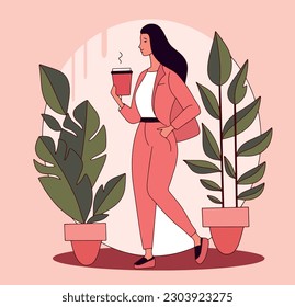 pink color palette, Girl drinking coffee in office at work, business woman enjoying cappuccino in glass mug, young woman holding cafe cup, plants flowers, flat vector