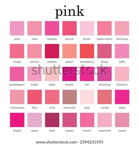 Pink Color Palette, Color Shades, Colour Guide with Names in RGB Vector