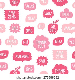 Pink color phrases seamless pattern on white background