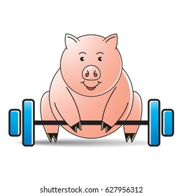 pink color pig cartoon character ready to lift barbell-vector drawing