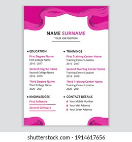 Pink color resume or CV template. Luxury modern creative curriculum vitae design.
