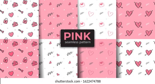 Pink color seamless pattern collection. Valentine heart element.  Vector designs