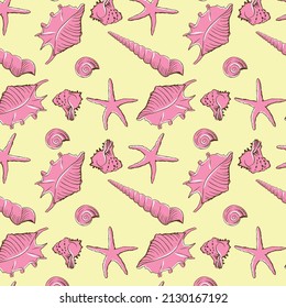 pink color seashell patterns on yellow background, vector