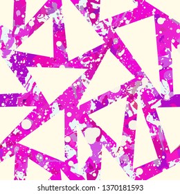 Pink color splatter paint seamless pattern, abstract vector background. Colorful design wallpaper. White triangles overlay.