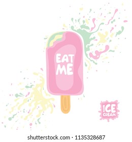 Pink Color Striped Ice Cream On Stick. Text: Eat Me. Colorful Splash Spot. Flat Style Vector Illustration