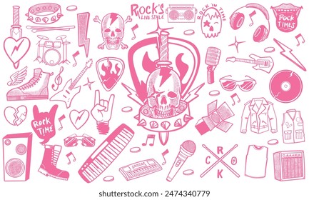 Pink color style hand drawn set of rock music doodle music instruments in doodle style isolated on white background.