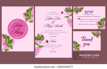 Pink Color Wedding Invitation Suite Template Layout Decorated with Floral.