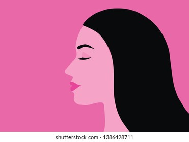 Pink color woman face side view and long black hair vector-illustration