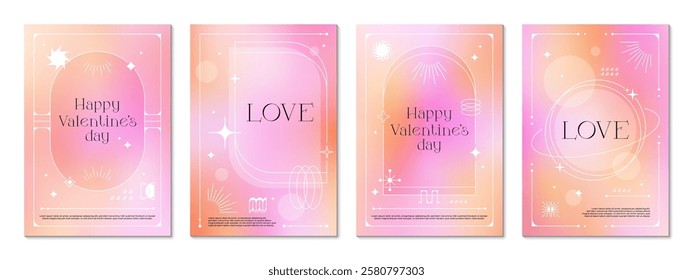 Pink color y2k gradient background posters or cover templates for Valentine day celebration. Vector vertical love glowing boho style backgrounds or banners with abstract retro futuristic brutal shapes