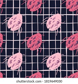 Pink colored bugs silhouettes seamless botanic pattern. Flat cartoon insects print on black chequered background. Perfect for wallpaper, textile, wrapping paper, fabric print. Vector illustration.