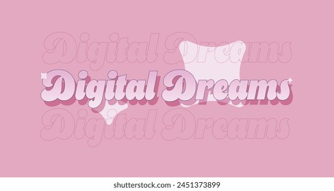 Tipografía de moda de estilo de dibujos animados de color rosa sobre sueños digitales, ilustración plana