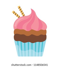 
Pink colored cupcake with the wafer biscuits as a topping on it, sodapop cupcake 
