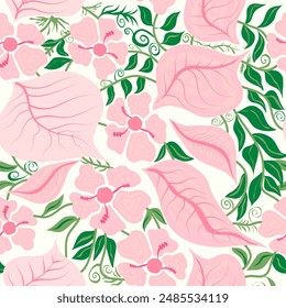 Pink colored floral layers with green bunches and branches seamless pattern. Floral pastel simple pink and green seamless pattern