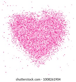 Pink colored glitter dust. Multicolor shimmer, sequins in the shape of a heart. Realistic image shine. Valentine`s day card template. Vector illustration  EPS8