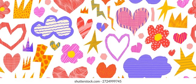 Pink colored heart, cloud and flower scrapbook collage seamless banner background. Hand drawn Valentine's day seamless pattern with hearts and crown. Crayon drawn scribble texture pattern.