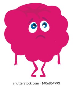 A pink colored inconsolable raspberry with blue eyes looking sad and having two tiny hands and legs, vector, color drawing or illustration. 