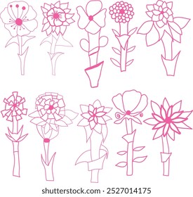 cor rosa linha arte livremente mão desenhada flor com coleção de pincel blob. cor rosa linha arte mão desenhado dez flores coleção. conjunto de flores cor-de-rosa design vetor.