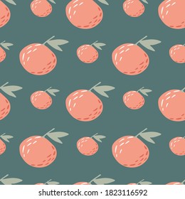 Pink colored mandarin simple ornament seamless pattern. Citrus fruit elements on grey background. Simple food backdrop. Perfect for fabric design, textile print, wrapping, cover. Vector illustration.