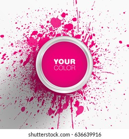 Pink colored paint bucket vector illustration with splashes and spots on the ground and editable text box on the top of the cover