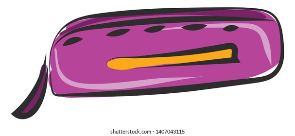 Pink colored pencil case, with yellow design on top and thin zip, vector, color drawing or illustration. 