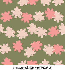 Pink colored random flower bud elements seamless doodle pattern. Pale olive green background. Simple style. Graphic design for wrapping paper and fabric textures. Vector Illustration.