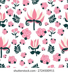 rosa cor rosa flores abstratas em forma de rosa com ramos verdes folhosos e grande texturizado flor padrão sem costura. Bom para azulejos, tecido, decoração, embalagem, decorações e estampas.