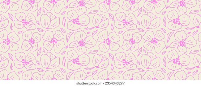 Pink colored seamless banner design with peonies or roses. Vintage floral seamless pattern with contour drawing. Line art pink flowers drawn with pen or pencil. Abstract vector romantic background.