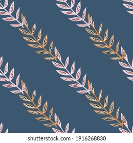 Pink colored seamless doodle pattern in hand drawn style. Navy blue background. Organic nature print. Designed for fabric design, textile print, wrapping, cover. Vector illustration