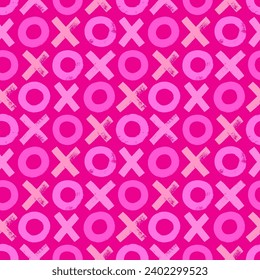 Pink colored seamless pattern with xoxo or crosses and circles. Brush drawn geometric shapes or letters. Seamless pattern for Valentine's day, wedding. Romantic and love motif with bold brush shapes.