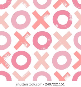 Pink colored seamless pattern with xoxo or crosses and circles. Brush drawn geometric shapes or letters. Seamless pattern for Valentine's day, wedding. Romantic and love motif with bold brush shapes.