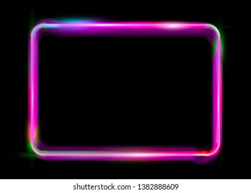 pink colorful neon shiny glowing vintage frame isolated or black background. Fluorescent light Multicolored neon tube realistic rectangle border, vector fashion lights design template illustration