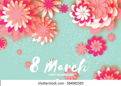 Pink Colorful Paper Cut Flower. 8 March. Women's Day Greeting card. Origami Floral bouquet. Space for text on blue background.Happy Mother's Day. Vector Spring illustration