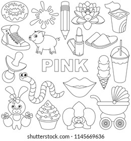 Pink Colorless color objects elements set, collection of coloring book template, the group of outline digital elements vector illustration, kid educational game page.