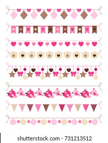 Pink colors bounting flags and hearts and birds decorative elements on white background. Vector illustration