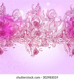 Pink colors seamless romance background with bird and floral elements, Sketch art. Hand drawing vintage illustration for holidays and party invitations. 