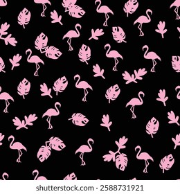 Pink colour flamingo with black colour background seamless pattern