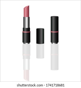 Pink colour Lipstick in silver and black packaging with opened and closed black cap isolated with shadows on white background.