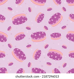 Pink colour seamless background with cake pattern. Sweets cartoon wallpaper for different wrapping paper prints. Textile texture for children party