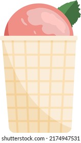 Pink coloured ice cream with mint leaves in waffer cone, isolated on white background