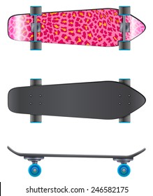 A pink coloured skateboard on a white background