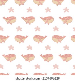 Pink colours Whale vector seamless pattern. Cute ocean creatures background. Scandinavian decorative childish design for kids fabric.