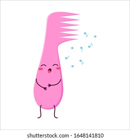 Pink comb. Cute cartoon character is singing. Caricature, animation. Vector graphics. For advertising, children's decor, packaging, brochures