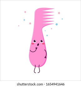 Pink comb. Cute cartoon character is dreaming, pensive. Caricature, animation. Vector graphics. For advertising, children's decor, packaging, brochures