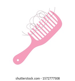 Pink comb hairbrush, hair loss, isolated flat vector icon.